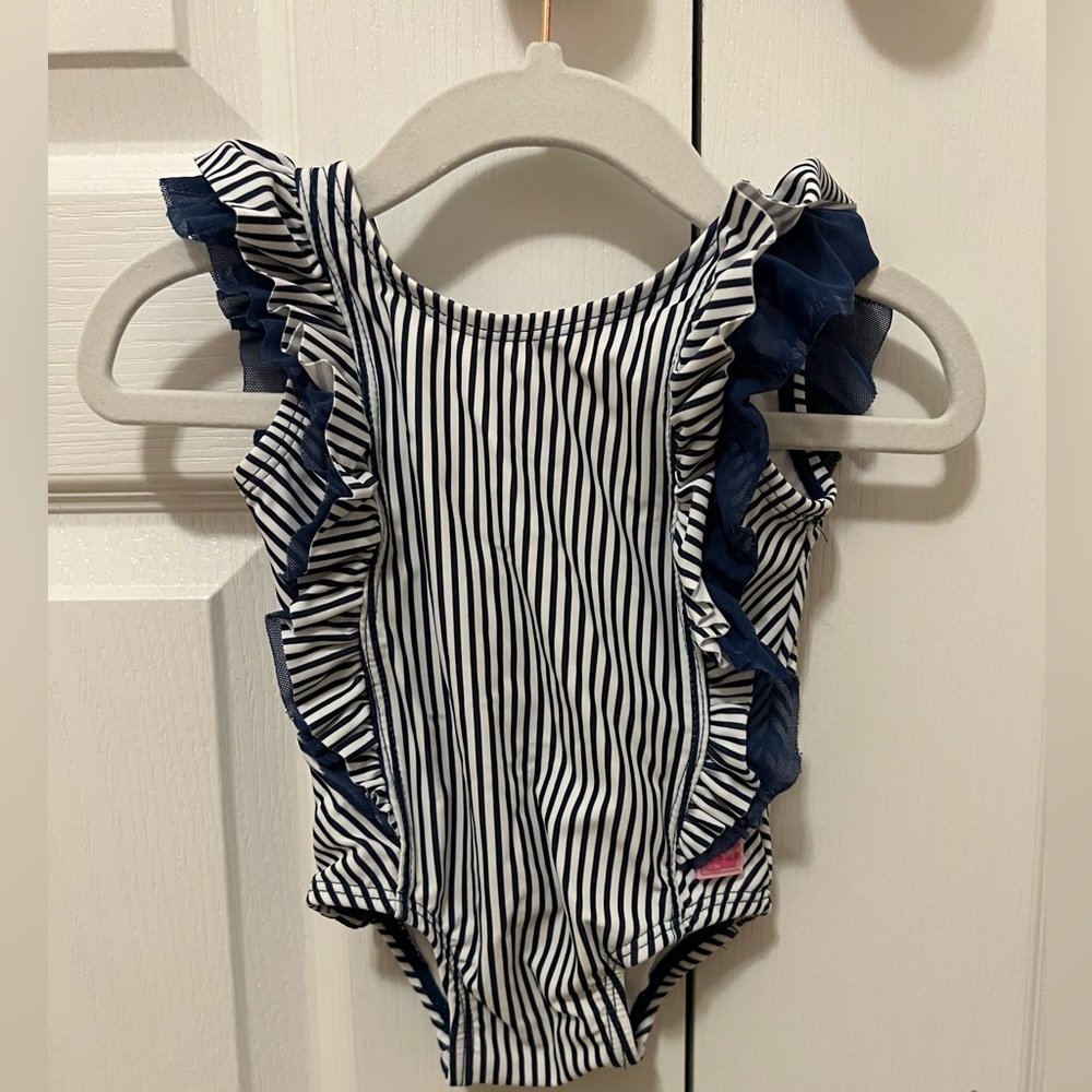 Ruffle Butt Navy Blue Striped Bathing Suit